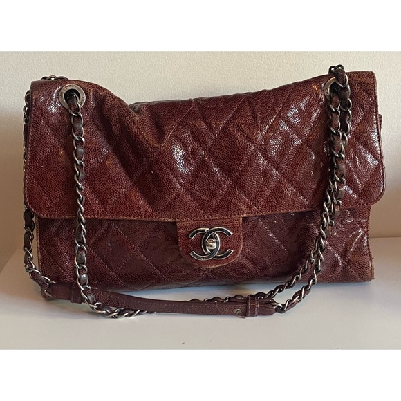 Chanel Red Quilted Crinkled Calfskin Caviar Leather CC Flap Bag